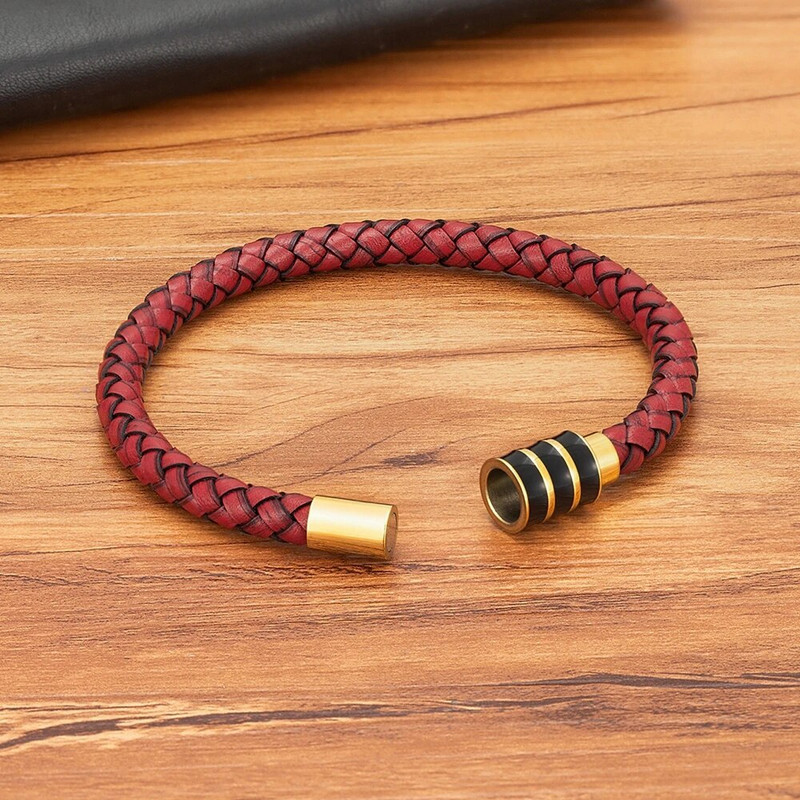 XQNI Κόκκινο Χρώμα Ανδρικό βραχιόλι Δερμάτινο κούμπωμα από ανοξείδωτο ατσάλι Ουδέτερα αξεσουάρ Χειροποίητο γούρι από σχοινί Δώρα γενεθλίων