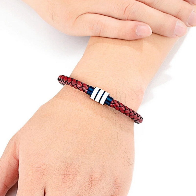 XQNI Κόκκινο Χρώμα Ανδρικό βραχιόλι Δερμάτινο κούμπωμα από ανοξείδωτο ατσάλι Ουδέτερα αξεσουάρ Χειροποίητο γούρι από σχοινί Δώρα γενεθλίων