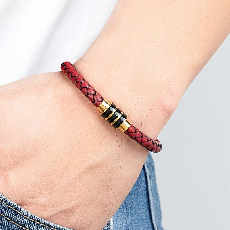 XQNI Κόκκινο Χρώμα Ανδρικό βραχιόλι Δερμάτινο κούμπωμα από ανοξείδωτο ατσάλι Ουδέτερα αξεσουάρ Χειροποίητο γούρι από σχοινί Δώρα γενεθλίων