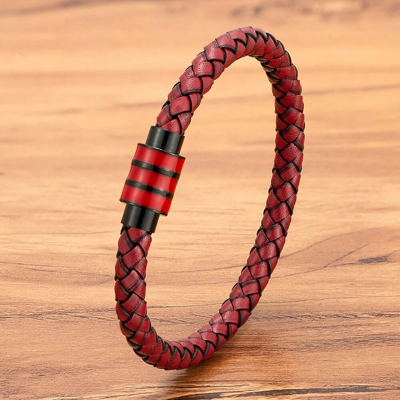 XQNI Κόκκινο Χρώμα Ανδρικό βραχιόλι Δερμάτινο κούμπωμα από ανοξείδωτο ατσάλι Ουδέτερα αξεσουάρ Χειροποίητο γούρι από σχοινί Δώρα γενεθλίων