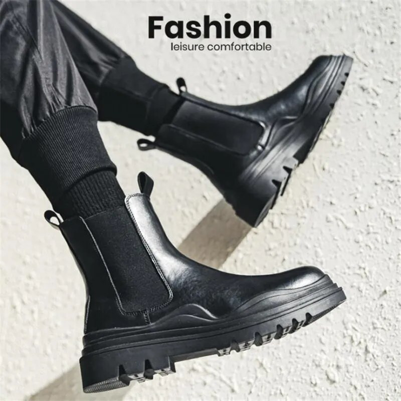 Luksusa dizaina vīriešu platforma Chelsea zābaki ar biezu apakšu šķeltas ādas puszābaki vīriešu apavi apaļš purngals īsi zābaki