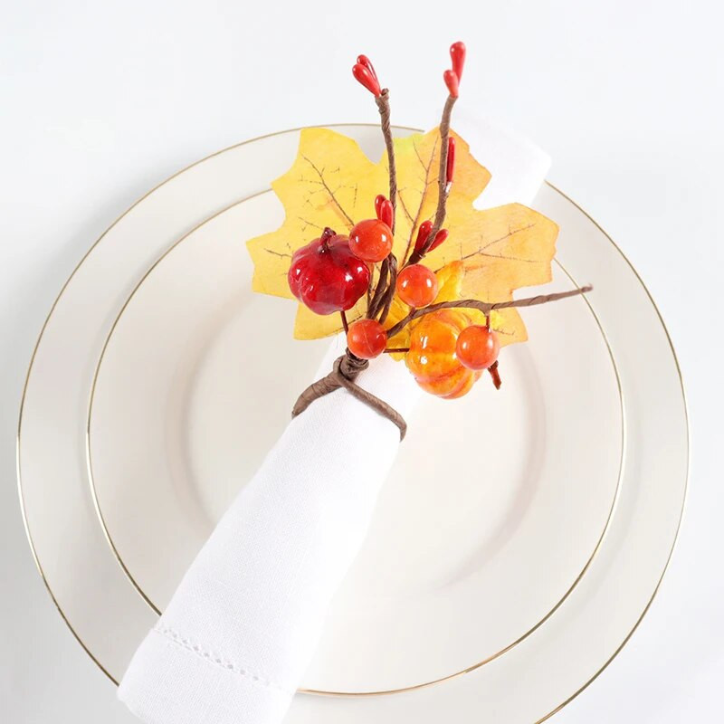 4PC rudens tēmu salvešu gredzeni Ražas ķirbju ogu kļavu lapu turētājs Pateicības dienas vakariņām rudens pulcēšanās galda rotājumiem