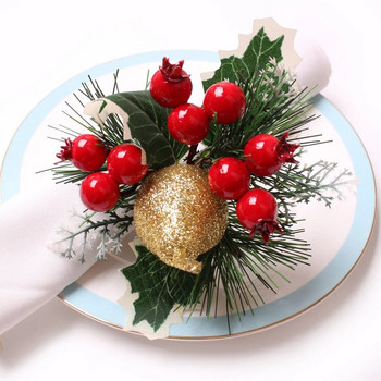 4 τμχ Χριστουγεννιάτικα ειρηνικά φρούτα κόκκινα μούρα Δαχτυλίδι χαρτοπετσέτας κουκουνάρι Ξύλινη αγκράφα για πετσέτα μήλο αχλάδια τραπεζαρία Διακοσμητικό τραπέζι πάρτι κουζίνας