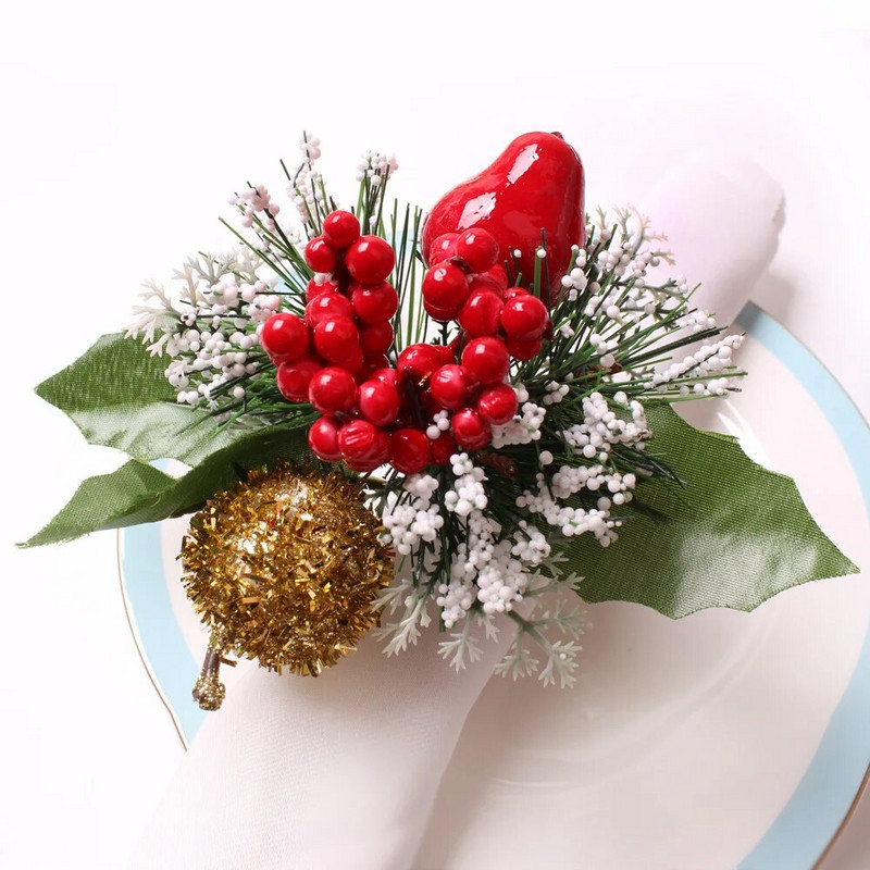 4PC Ziemassvētki mierīgi augļi sarkanas ogas salvete gredzens priedes konuss koka salvete sprādze ābolu bumbieri Ēdamistabas virtuves svinību galda dekors