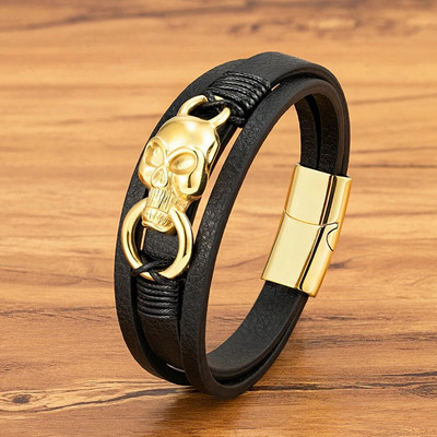 Klasiska vīriešu daudzslāņu ādas rokassprādze 3 krāsu panka nerūsējošā tērauda magnēta aproce vīriešu galvaskausa pērlīšu rotaslietas dāvanas