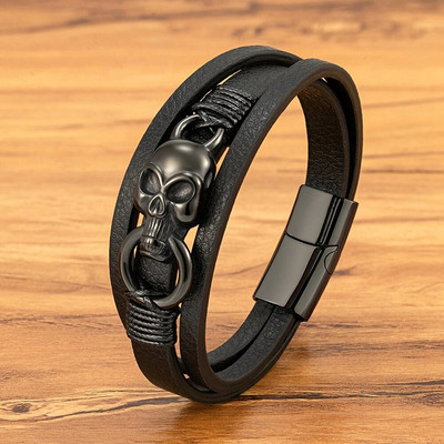 Klasiska vīriešu daudzslāņu ādas rokassprādze 3 krāsu panka nerūsējošā tērauda magnēta aproce vīriešu galvaskausa pērlīšu rotaslietas dāvanas