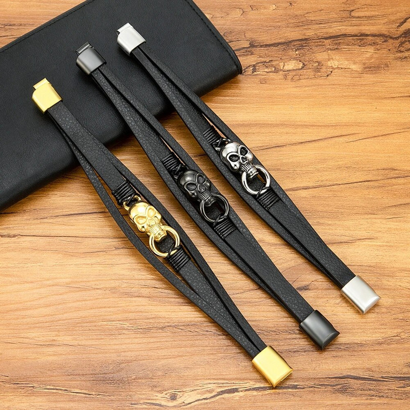 Klasiska vīriešu daudzslāņu ādas rokassprādze 3 krāsu panka nerūsējošā tērauda magnēta aproce vīriešu galvaskausa pērlīšu rotaslietas dāvanas