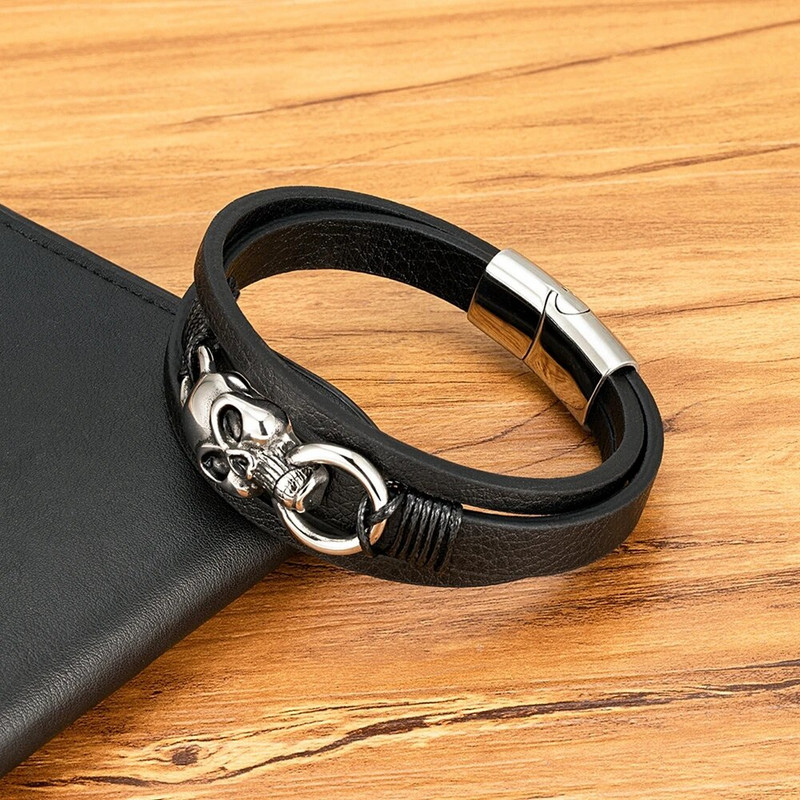 Klasiska vīriešu daudzslāņu ādas rokassprādze 3 krāsu panka nerūsējošā tērauda magnēta aproce vīriešu galvaskausa pērlīšu rotaslietas dāvanas