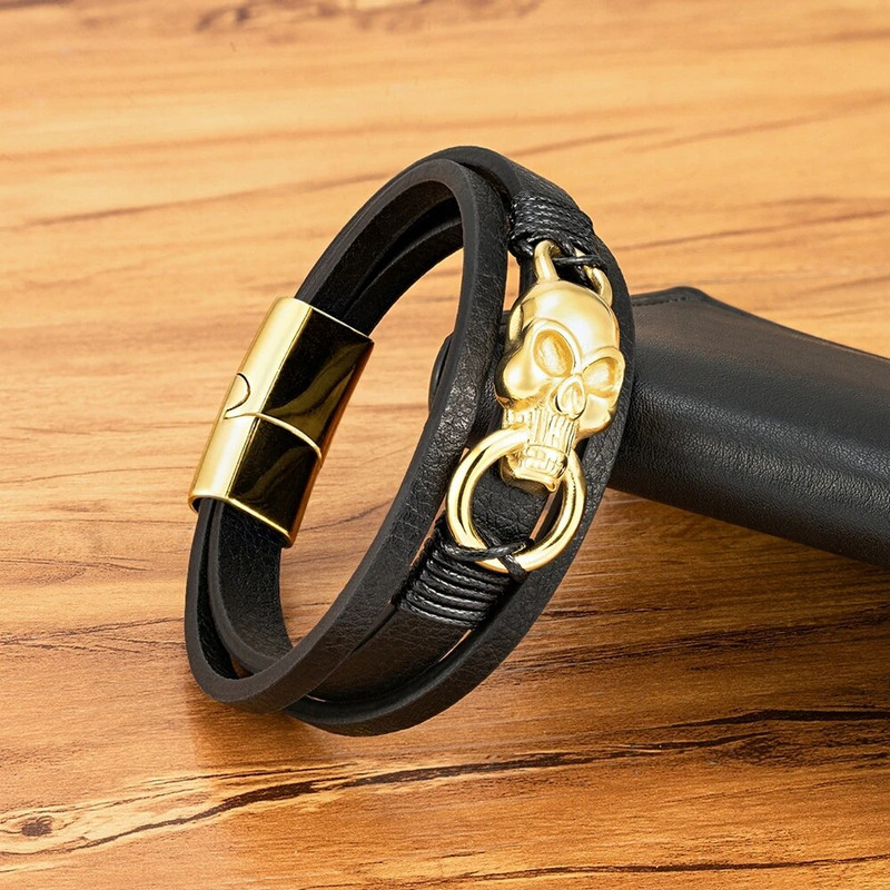 Klasiska vīriešu daudzslāņu ādas rokassprādze 3 krāsu panka nerūsējošā tērauda magnēta aproce vīriešu galvaskausa pērlīšu rotaslietas dāvanas