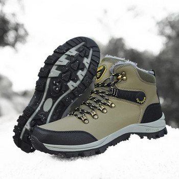 Зимни мъжки туристически обувки Водоустойчиви ботуши за сняг до глезена Мъжки маратонки Външни неплъзгащи се високи плюшени топли кожени обувки Мъжки ботуши