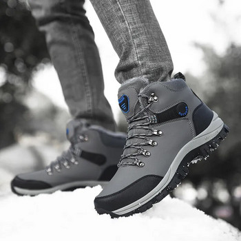 Зимни мъжки туристически обувки Водоустойчиви ботуши за сняг до глезена Мъжки маратонки Външни неплъзгащи се високи плюшени топли кожени обувки Мъжки ботуши