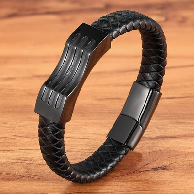 Αναμνηστικό δώρο XQNI Ειδικού Γεωμετρικού Σχεδίου Αξεσουάρ από ανοξείδωτο ατσάλι Ανδρικό δερμάτινο μαύρο βραχιόλι