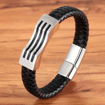 Αναμνηστικό δώρο XQNI Ειδικού Γεωμετρικού Σχεδίου Αξεσουάρ από ανοξείδωτο ατσάλι Ανδρικό δερμάτινο μαύρο βραχιόλι