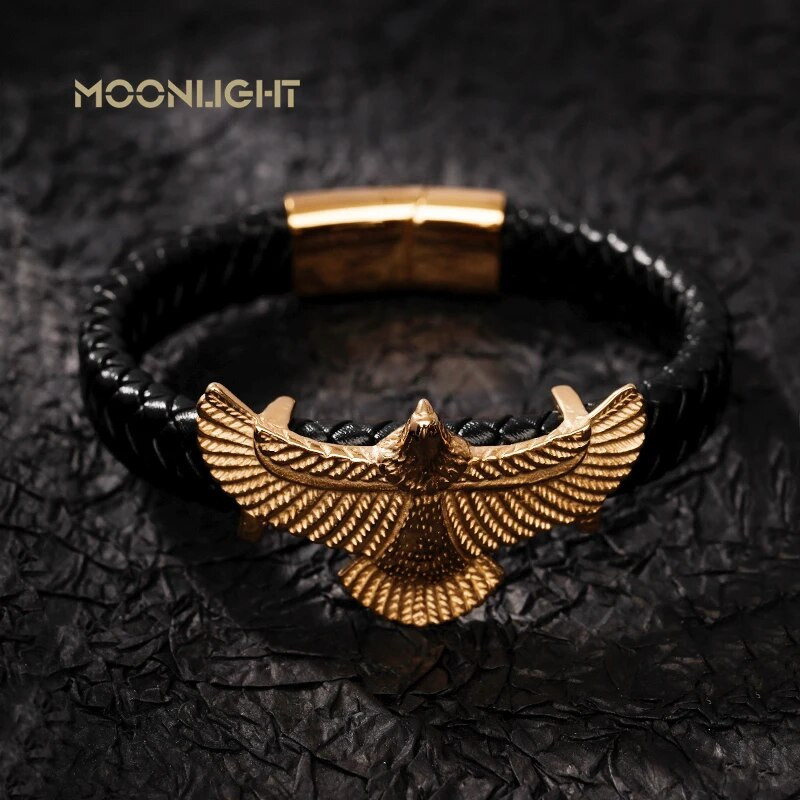 Ādas Rokassprādzes Vīriešu Nerūsējošā tērauda Zelta ērgļa Daudzslāņu Pītas Virves Rokassprādzes Vīriešiem Rotaslietas Pulsera Hombre