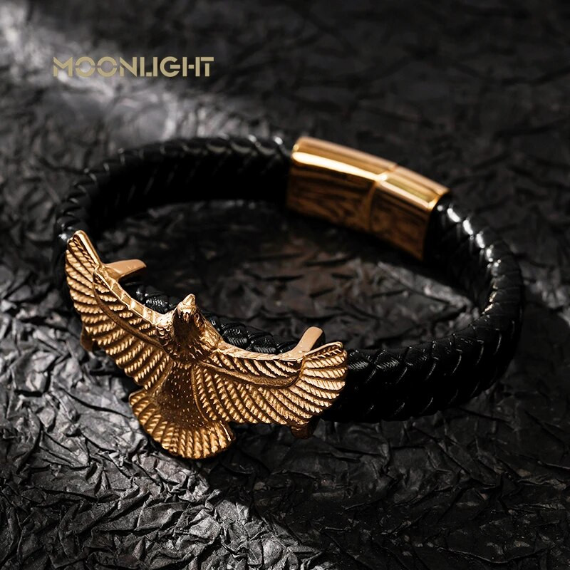 Ādas Rokassprādzes Vīriešu Nerūsējošā tērauda Zelta ērgļa Daudzslāņu Pītas Virves Rokassprādzes Vīriešiem Rotaslietas Pulsera Hombre