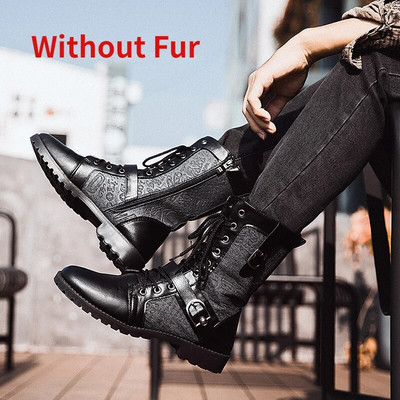 Ziemas smaila purngala vīriešu zābaki ar sprādzes siksnu Chelsea zābaki vīriešiem Ādas vīriešu motocikla zābaki ar augstu augšdaļu Vīriešu ziemas apavi