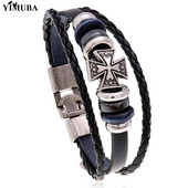 Vintage Knights Templar Seal Pērlīšu rokassprādzes vīriešiem Templar Cross Daudzslāņu pītas virves, Melnas ādas Rokassprādzes Rotaslietas