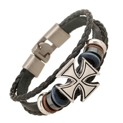 Vintage Knights Templar Seal Pērlīšu rokassprādzes vīriešiem Templar Cross Daudzslāņu pītas virves, Melnas ādas Rokassprādzes Rotaslietas