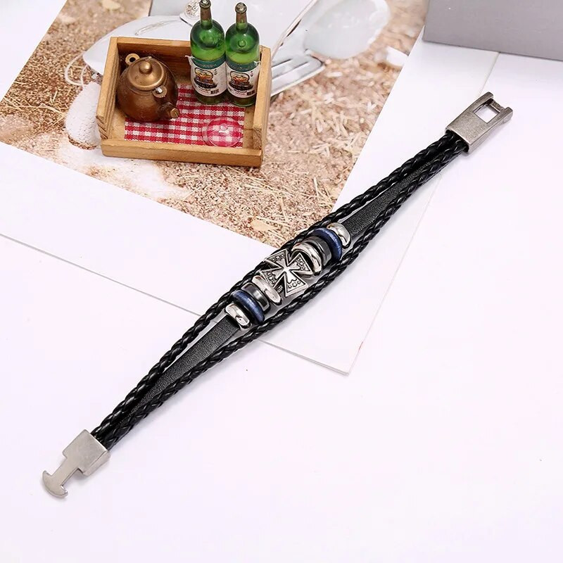 Vintage Knights Templar Seal Pērlīšu rokassprādzes vīriešiem Templar Cross Daudzslāņu pītas virves, Melnas ādas Rokassprādzes Rotaslietas