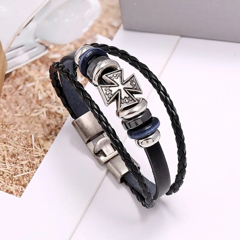 Vintage Knights Templar Seal Pērlīšu rokassprādzes vīriešiem Templar Cross Daudzslāņu pītas virves, Melnas ādas Rokassprādzes Rotaslietas