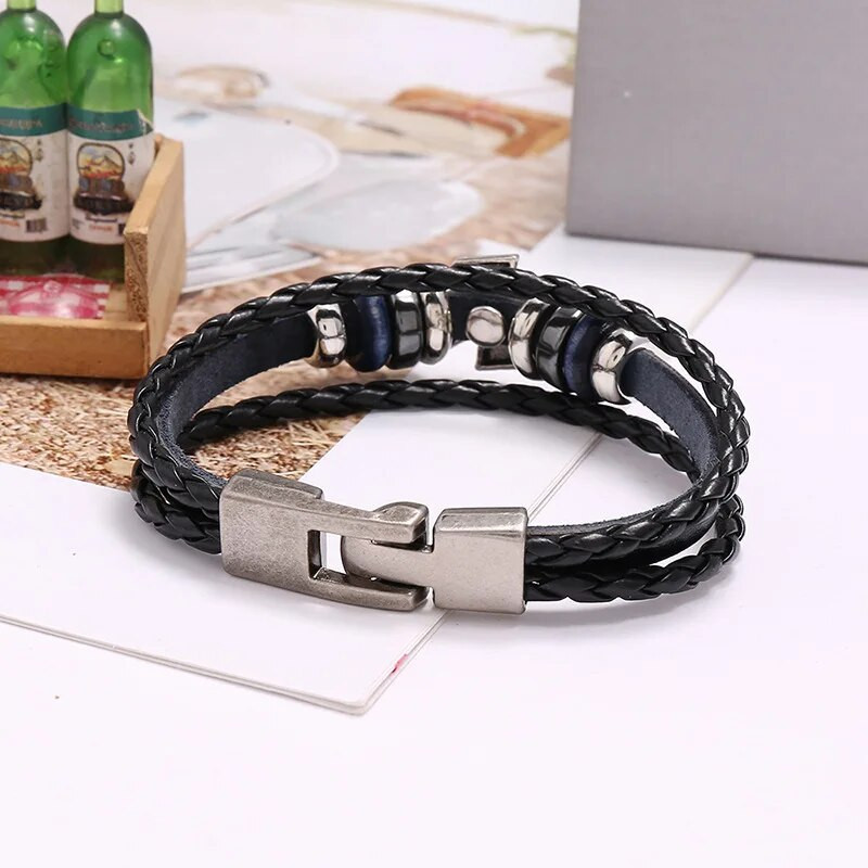 Vintage Knights Templar Seal Pērlīšu rokassprādzes vīriešiem Templar Cross Daudzslāņu pītas virves, Melnas ādas Rokassprādzes Rotaslietas