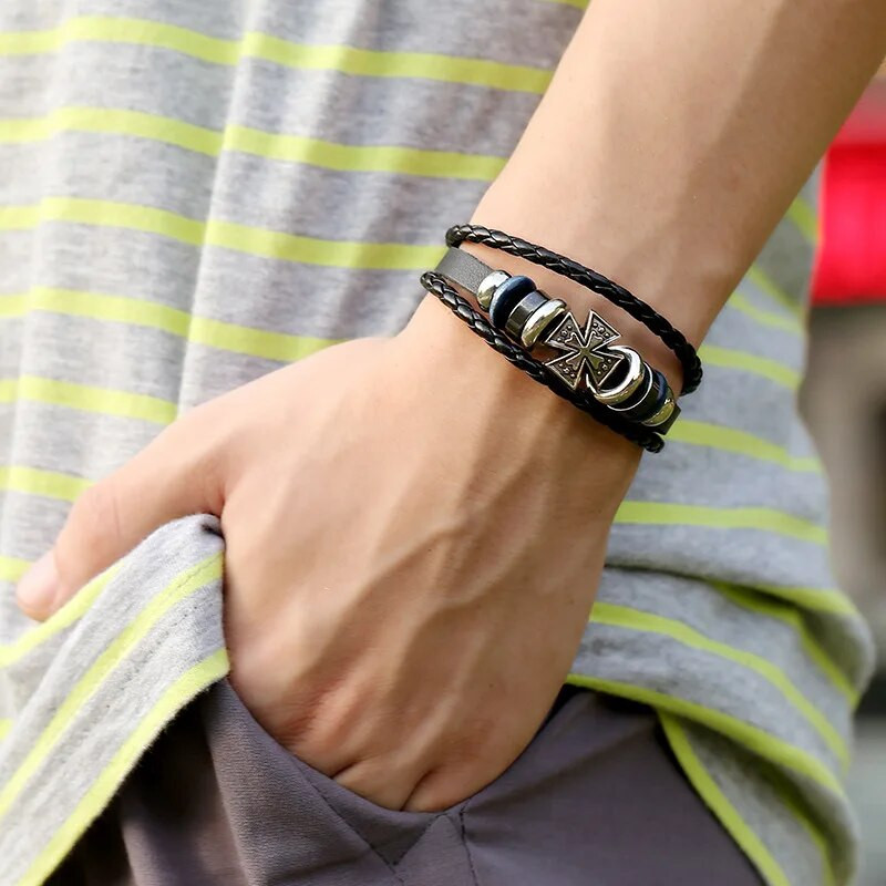 Vintage Knights Templar Seal Pērlīšu rokassprādzes vīriešiem Templar Cross Daudzslāņu pītas virves, Melnas ādas Rokassprādzes Rotaslietas