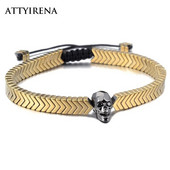 Galvaskausa rokassprādze vīriešiem, pīta virve zelta krāsā, hematīta akmens pērle, moderna pāra ķēde, skelets, rokassprādze Pulseira Masculina