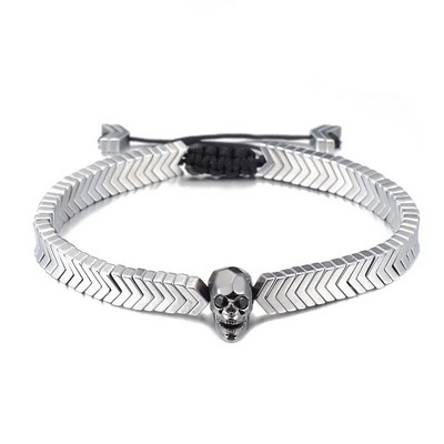 Galvaskausa rokassprādze vīriešiem, pīta virve zelta krāsā, hematīta akmens pērle, moderna pāra ķēde, skelets, rokassprādze Pulseira Masculina