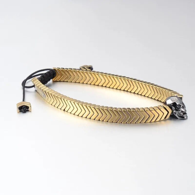 Galvaskausa rokassprādze vīriešiem, pīta virve zelta krāsā, hematīta akmens pērle, moderna pāra ķēde, skelets, rokassprādze Pulseira Masculina