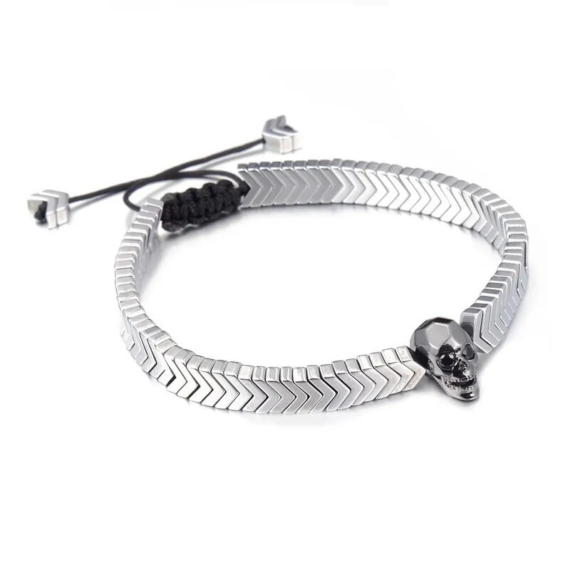 Galvaskausa rokassprādze vīriešiem, pīta virve zelta krāsā, hematīta akmens pērle, moderna pāra ķēde, skelets, rokassprādze Pulseira Masculina