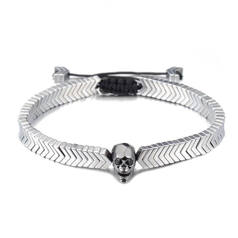 Galvaskausa rokassprādze vīriešiem, pīta virve zelta krāsā, hematīta akmens pērle, moderna pāra ķēde, skelets, rokassprādze Pulseira Masculina