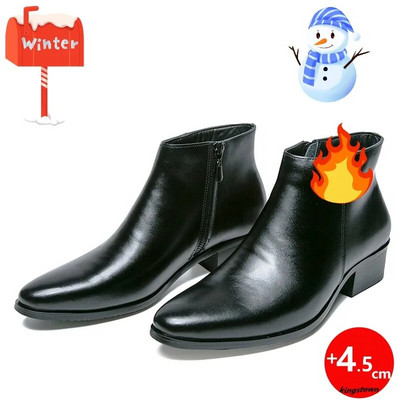 Csizma Chelsea Bőr Férfi Boka Cipők Esküvői ruha Alkalmi Férfi Üzleti Téli Meleg Bebújós cipzár Magasságnövelő Talp 5 cm