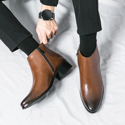 Csizma Chelsea Bőr Férfi Boka Cipők Esküvői ruha Alkalmi Férfi Üzleti Téli Meleg Bebújós cipzár Magasságnövelő Talp 5 cm