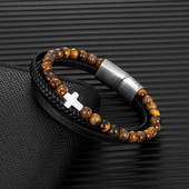 MKENDN Punk vīriešu krusta rokassprādze daudzslāņu bize, āda dabīgā akmens pērlītēm, nerūsējošā tērauda magnētiskā aizdare rokassprādze, dāvana