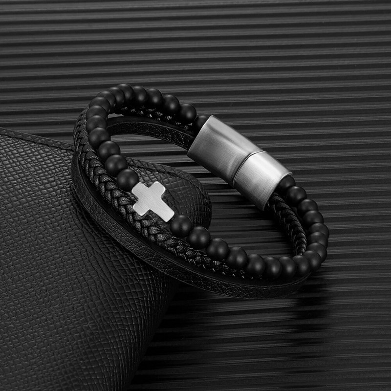 MKENDN Punk vīriešu krusta rokassprādze daudzslāņu bize, āda dabīgā akmens pērlītēm, nerūsējošā tērauda magnētiskā aizdare rokassprādze, dāvana