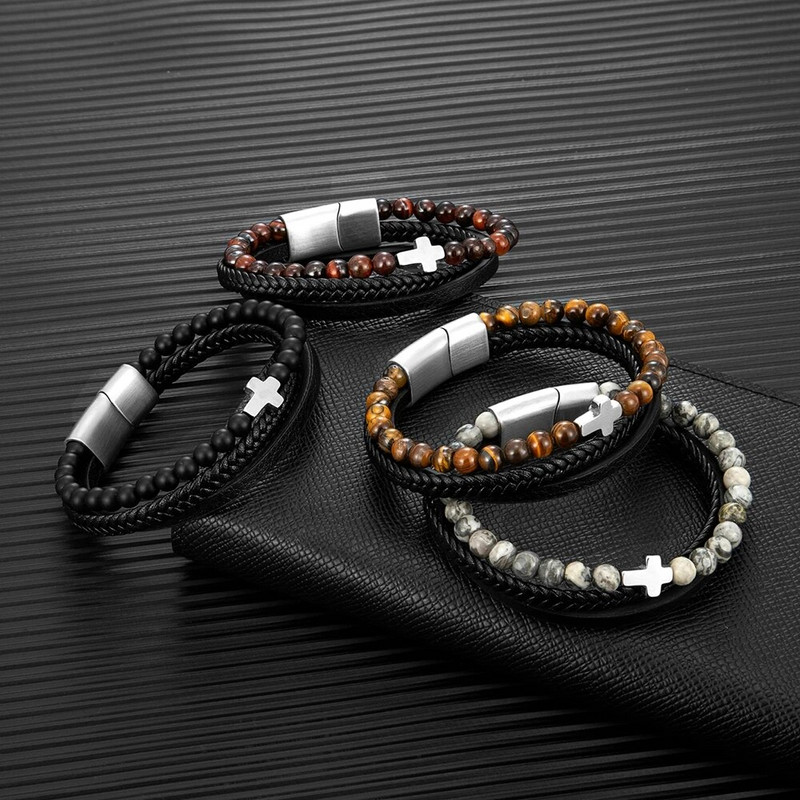 MKENDN Punk vīriešu krusta rokassprādze daudzslāņu bize, āda dabīgā akmens pērlītēm, nerūsējošā tērauda magnētiskā aizdare rokassprādze, dāvana