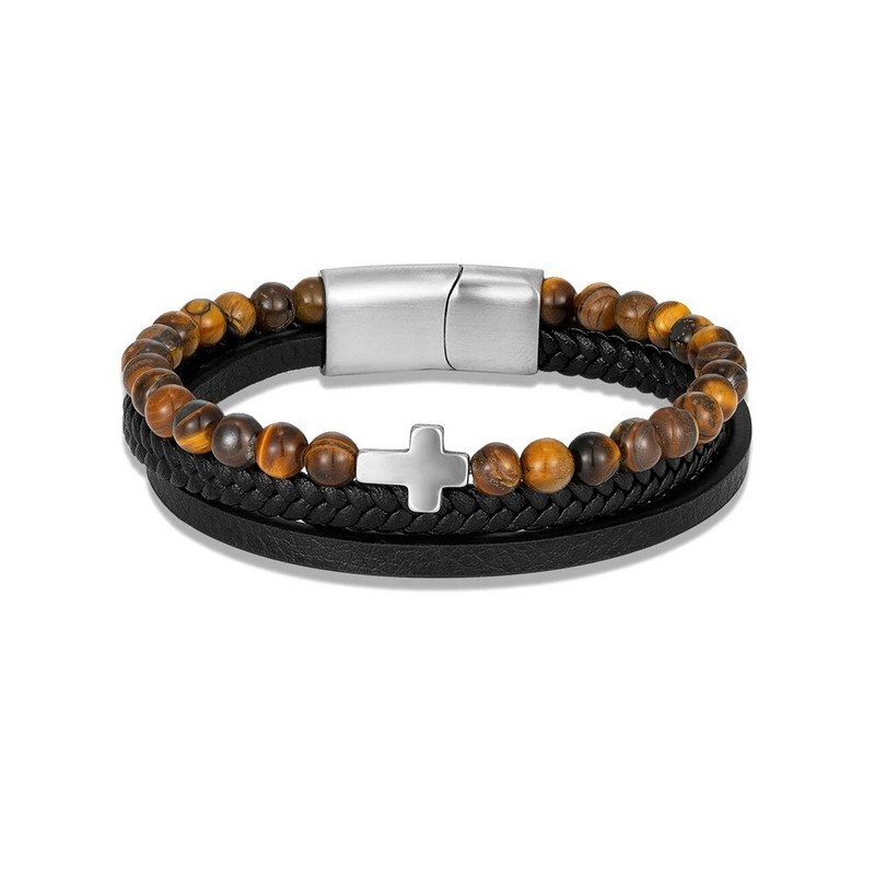 MKENDN Punk vīriešu krusta rokassprādze daudzslāņu bize, āda dabīgā akmens pērlītēm, nerūsējošā tērauda magnētiskā aizdare rokassprādze, dāvana