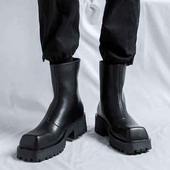 Мъжки ботуши на платформа с дебела подметка Луксозни дизайнерски ботуши с квадратна глава Меки кожени ботуши Челси Модни тенденции Мъжки улични високи обувки