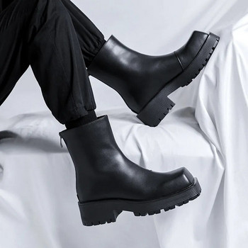 Мъжки ботуши на платформа с дебела подметка Луксозни дизайнерски ботуши с квадратна глава Меки кожени ботуши Челси Модни тенденции Мъжки улични високи обувки