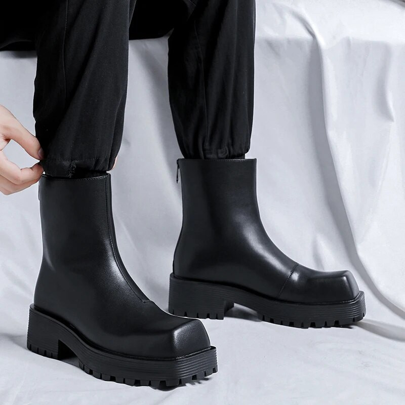 Biezas zoles platformas vīriešu zābaki Luksusa dizainera kvadrātveida galva, mīksta āda Chelsea zābaki Modes tendences Vīriešu ielas apavi ar augstu augšdaļu