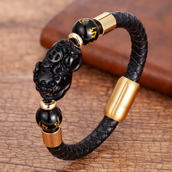 Βραχιόλι Feng Shui Obsidian Beads για άντρες Δερμάτινο σχοινί Μαγνητικό κούμπωμα από ανοξείδωτο ατσάλι Χειροποίητο Tiger Eye Pixiu Stone βραχιόλια