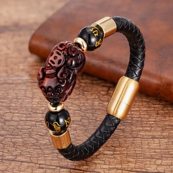 Βραχιόλι Feng Shui Obsidian Beads για άντρες Δερμάτινο σχοινί Μαγνητικό κούμπωμα από ανοξείδωτο ατσάλι Χειροποίητο Tiger Eye Pixiu Stone βραχιόλια