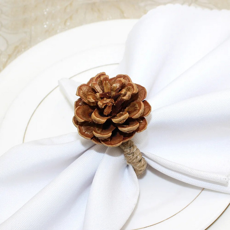12 gab mākslīgie priežu čiekuri salvešu gredzeni ar rokām darināti salvešu turētājs Ziemassvētkiem rudens Pateicības ražas novākšanas rudens ballītes galda dekors