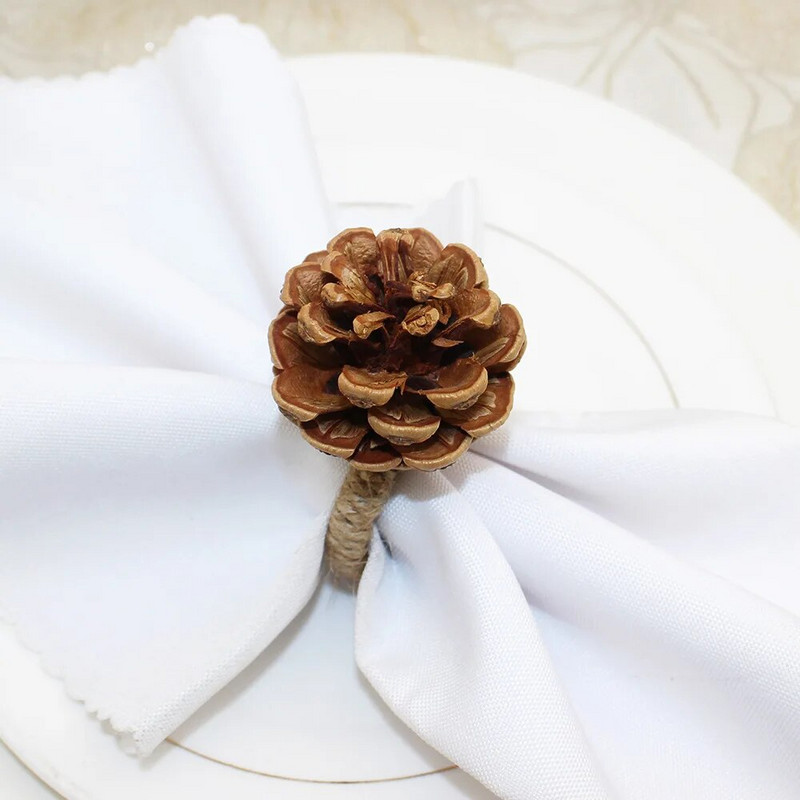 12 gab mākslīgie priežu čiekuri salvešu gredzeni ar rokām darināti salvešu turētājs Ziemassvētkiem rudens Pateicības ražas novākšanas rudens ballītes galda dekors