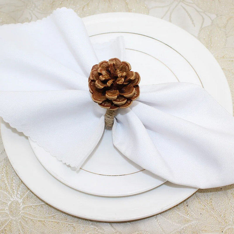 12 gab mākslīgie priežu čiekuri salvešu gredzeni ar rokām darināti salvešu turētājs Ziemassvētkiem rudens Pateicības ražas novākšanas rudens ballītes galda dekors