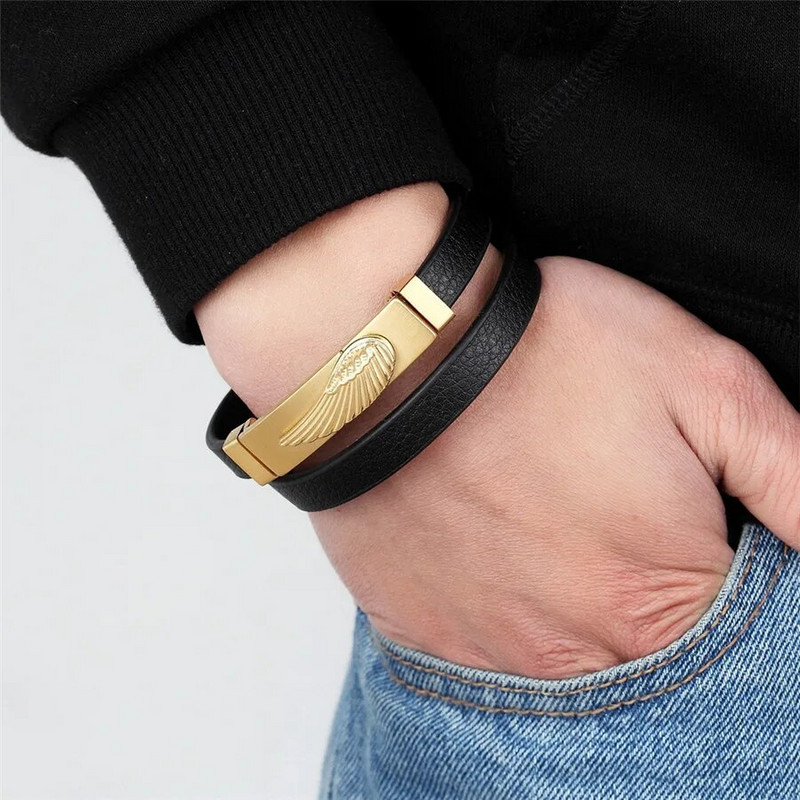 XQNI 4 Colors for Choice Szárny mintás rozsdamentes acél bőr karkötő férfiaknak Egyszerű dizájn Pulseira masculina újévi ékszerek