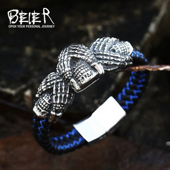 BEIER 2023 New Arrival Δερμάτινο ατσάλι βραχιόλι Skull Skeleton Bangle Cool Biker Accessories Jewelry for Men Gift