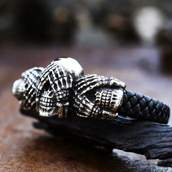 BEIER 2023 New Arrival Δερμάτινο ατσάλι βραχιόλι Skull Skeleton Bangle Cool Biker Accessories Jewelry for Men Gift