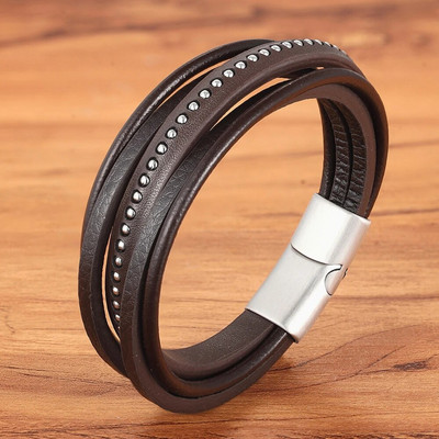 XQNI modes luksusa vīriešu rotaslietas Daudzslāņu nerūsējošā tērauda sprādze ar ādas vīriešu rokassprādzi un rokassprādzi īpašai dzimšanas dienas dāvanai