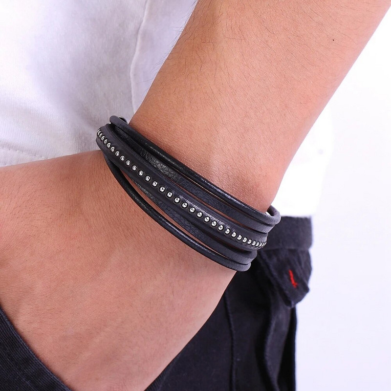 XQNI modes luksusa vīriešu rotaslietas Daudzslāņu nerūsējošā tērauda sprādze ar ādas vīriešu rokassprādzi un rokassprādzi īpašai dzimšanas dienas dāvanai